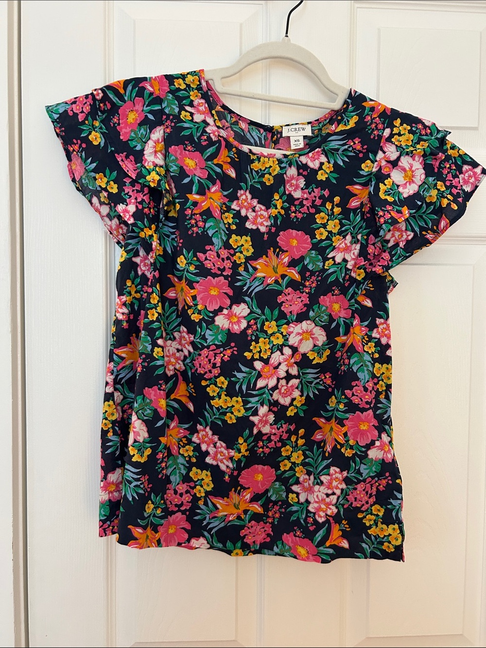 J. Crew Navy Floral Flutter Sleeve Blouse with Pink & Yellow Flowers